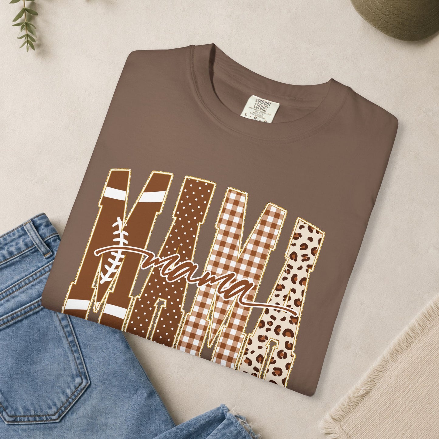 Mama Football graphic T-shirt | Brown plaid leopard print