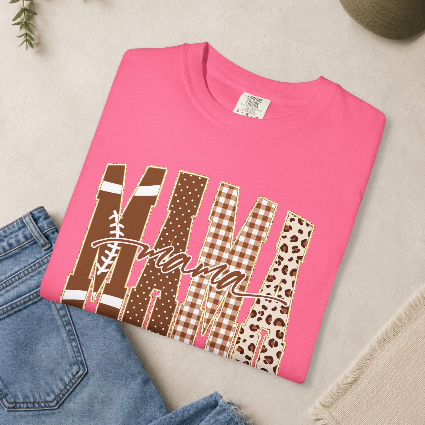 Mama Football graphic T-shirt | Brown plaid leopard print