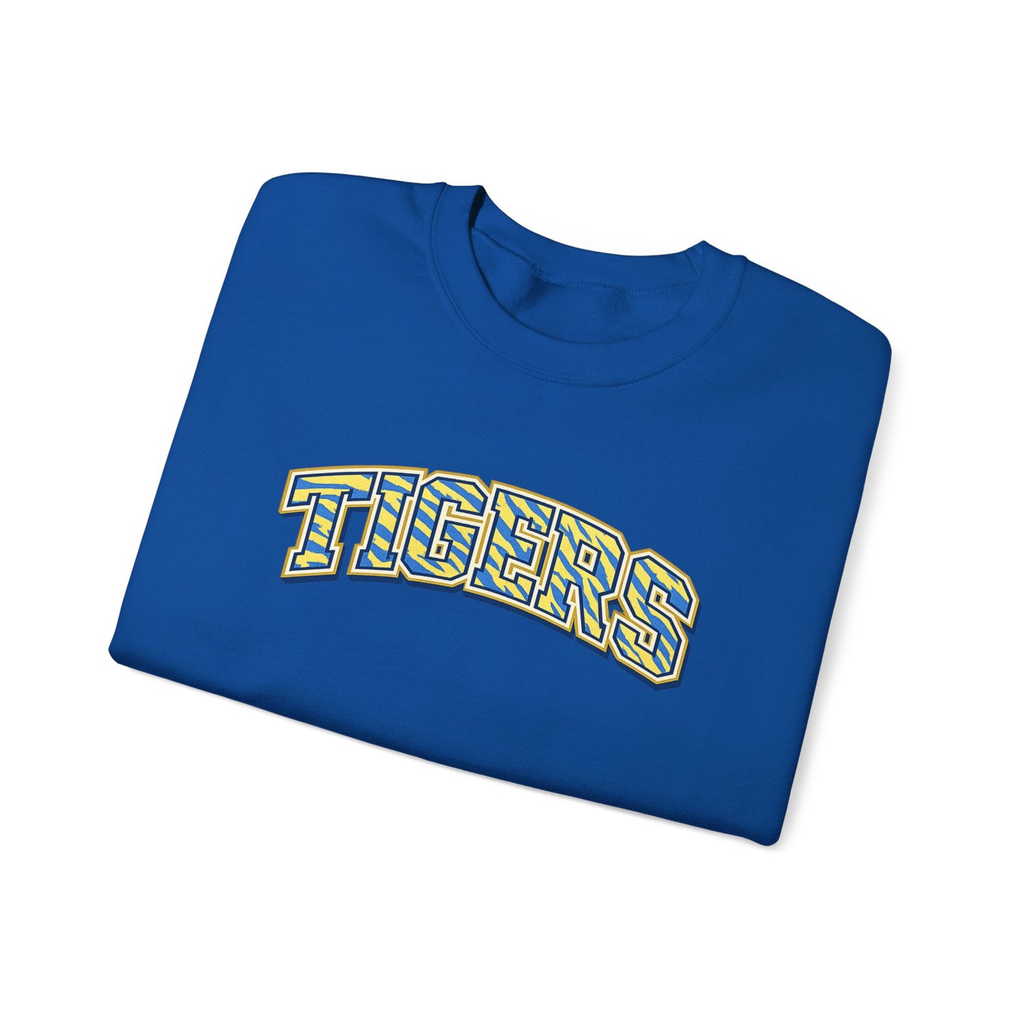 Tigers Crewneck Sweatshirt — Retro Yellow & Teal Block Letter Sports Pullover
