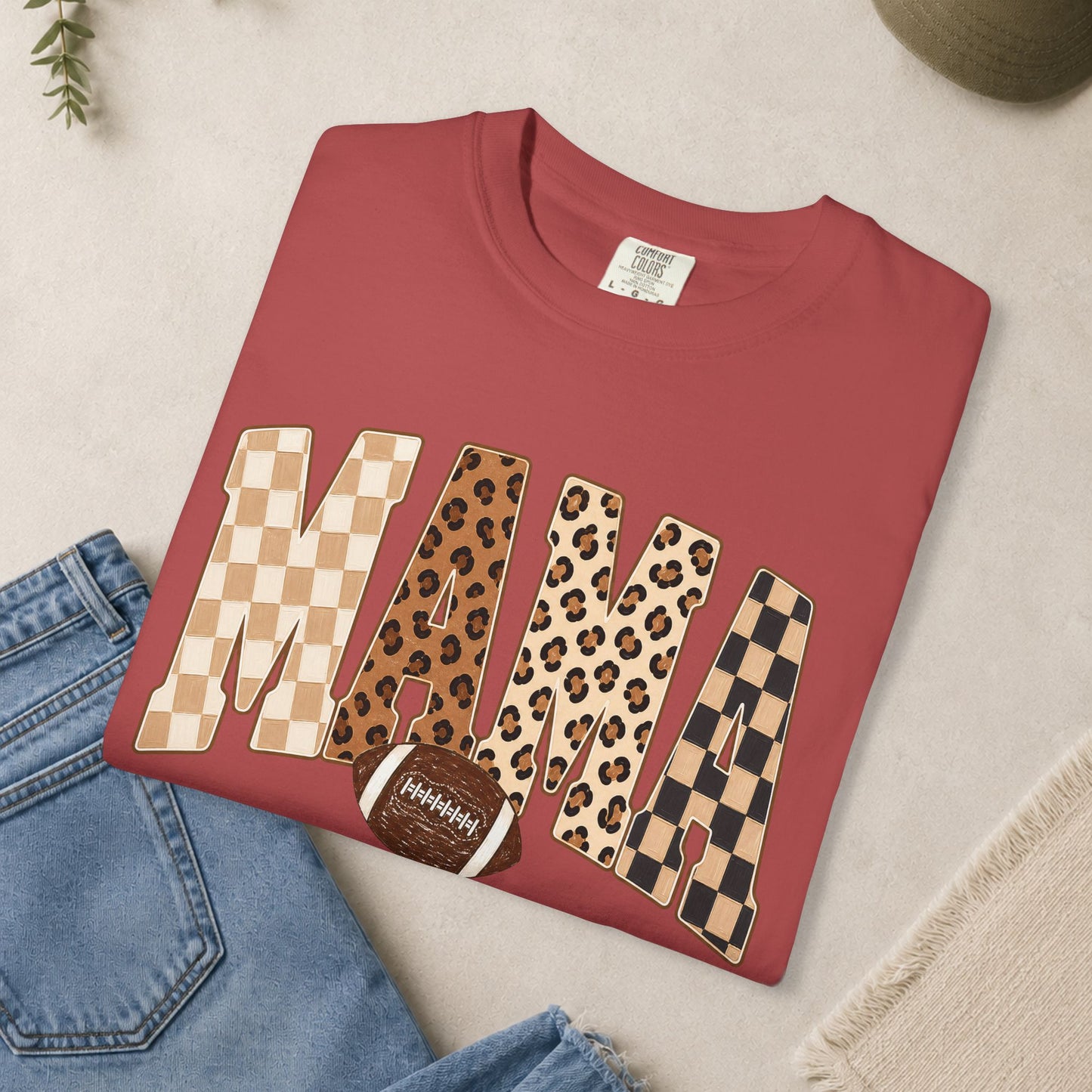 Mama lettering with leopard & gingham patterns, football graphic T-shirt