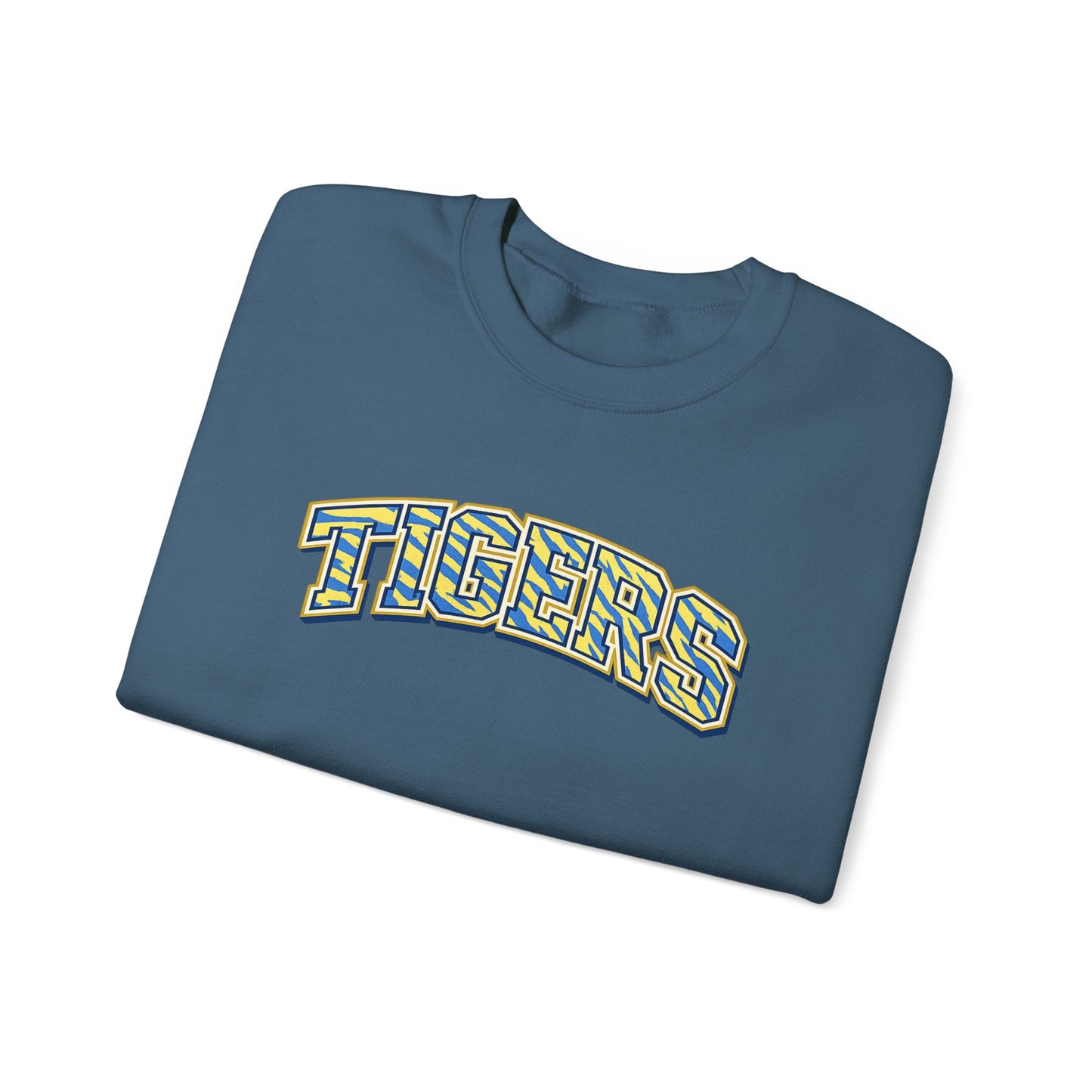 Tigers Crewneck Sweatshirt — Retro Yellow & Teal Block Letter Sports Pullover