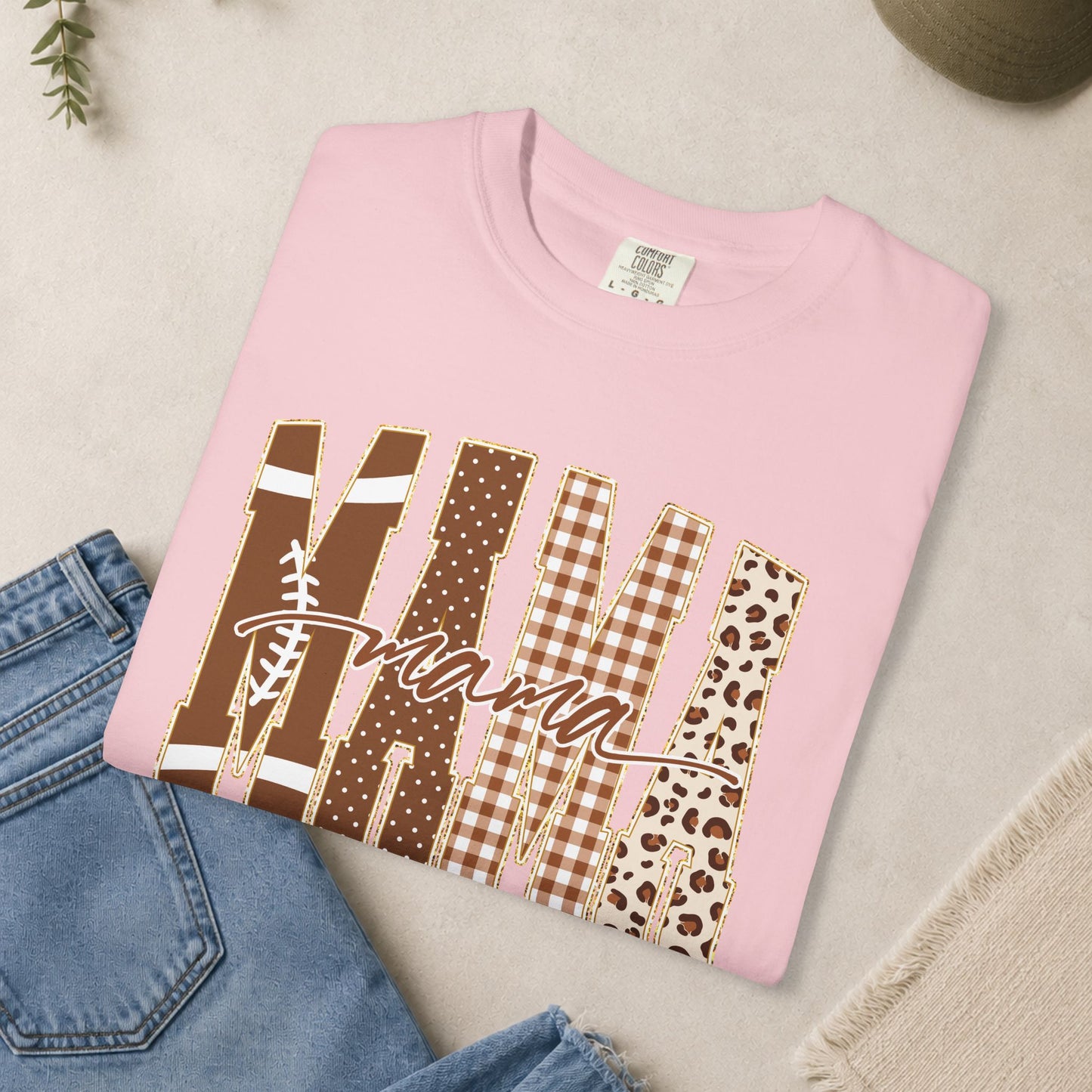 Mama Football graphic T-shirt | Brown plaid leopard print