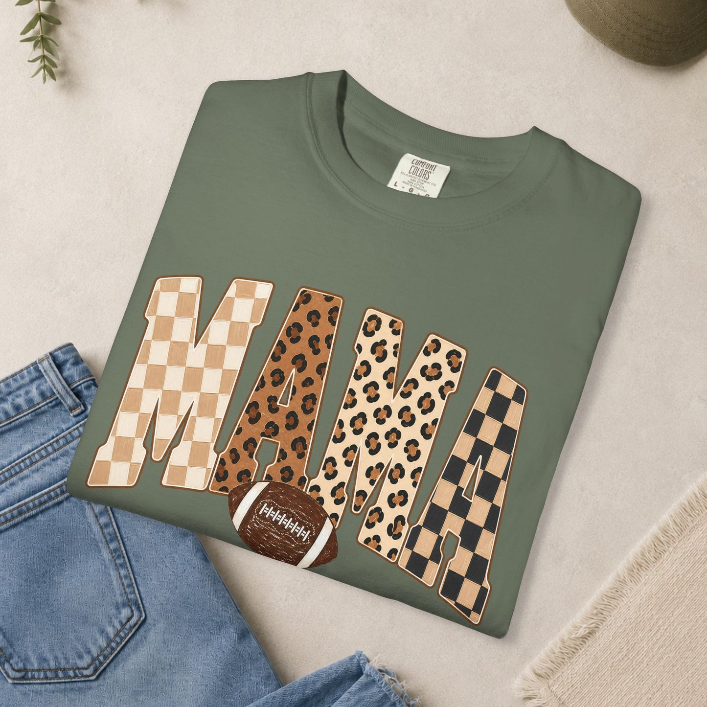Mama lettering with leopard & gingham patterns, football graphic T-shirt
