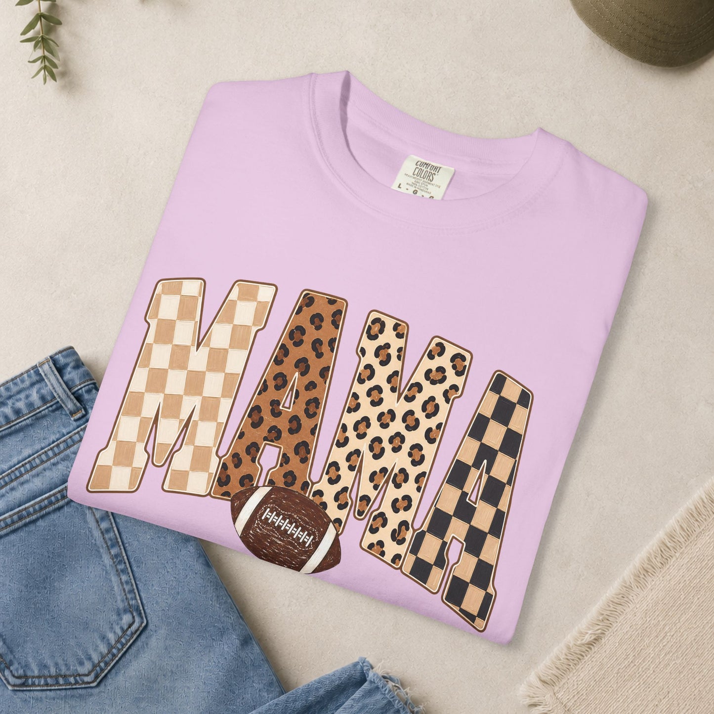 Mama lettering with leopard & gingham patterns, football graphic T-shirt