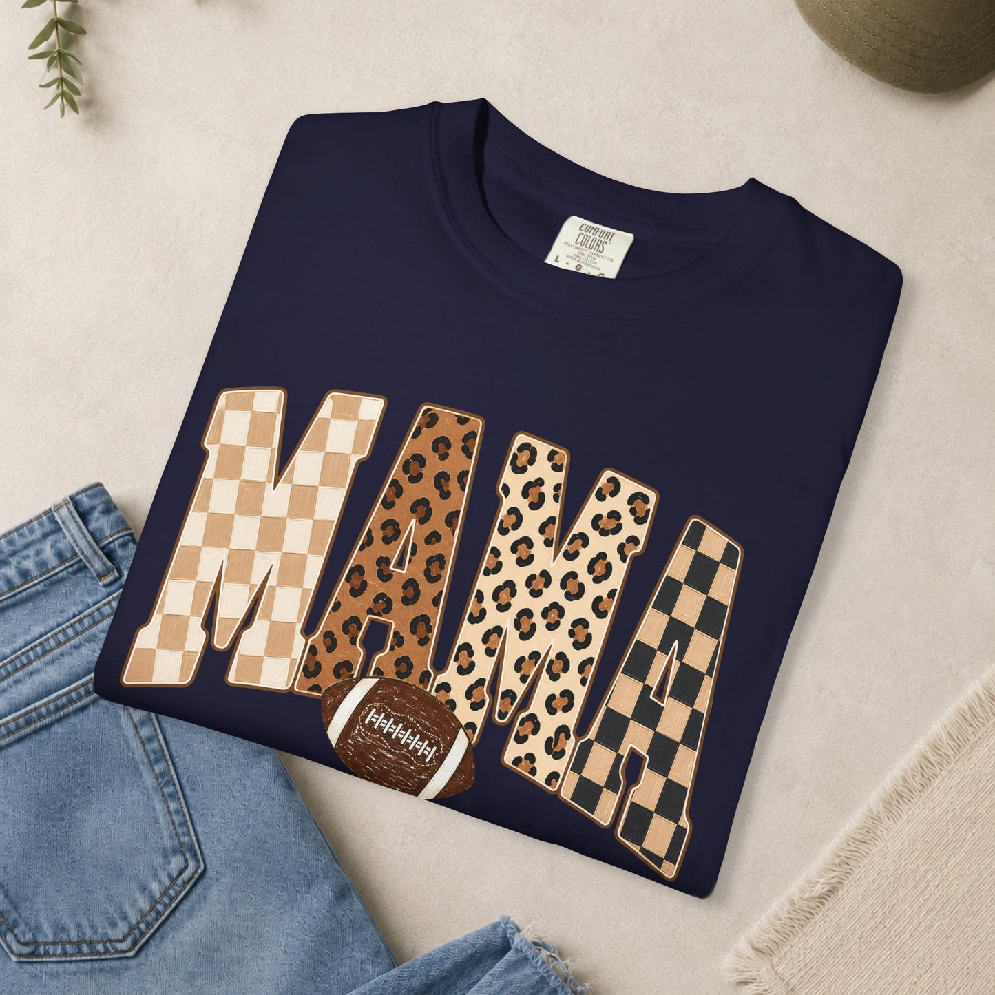 Mama lettering with leopard & gingham patterns, football graphic T-shirt