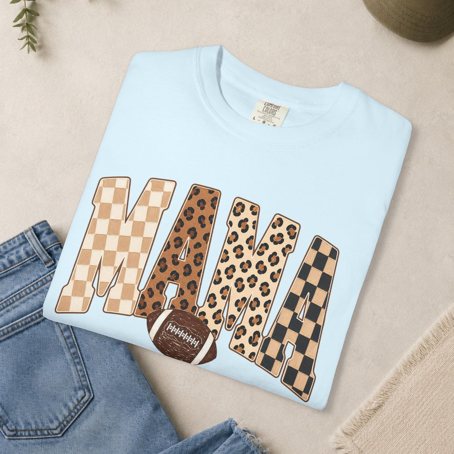 Mama lettering with leopard & gingham patterns, football graphic T-shirt