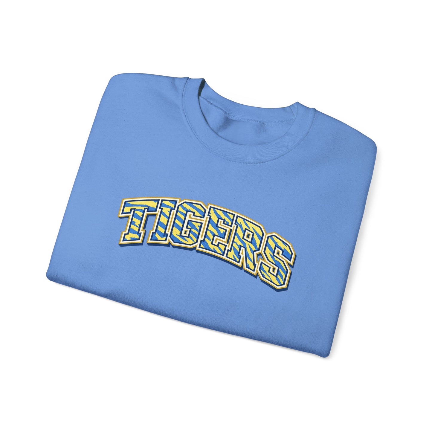 Tigers Crewneck Sweatshirt — Retro Yellow & Teal Block Letter Sports Pullover