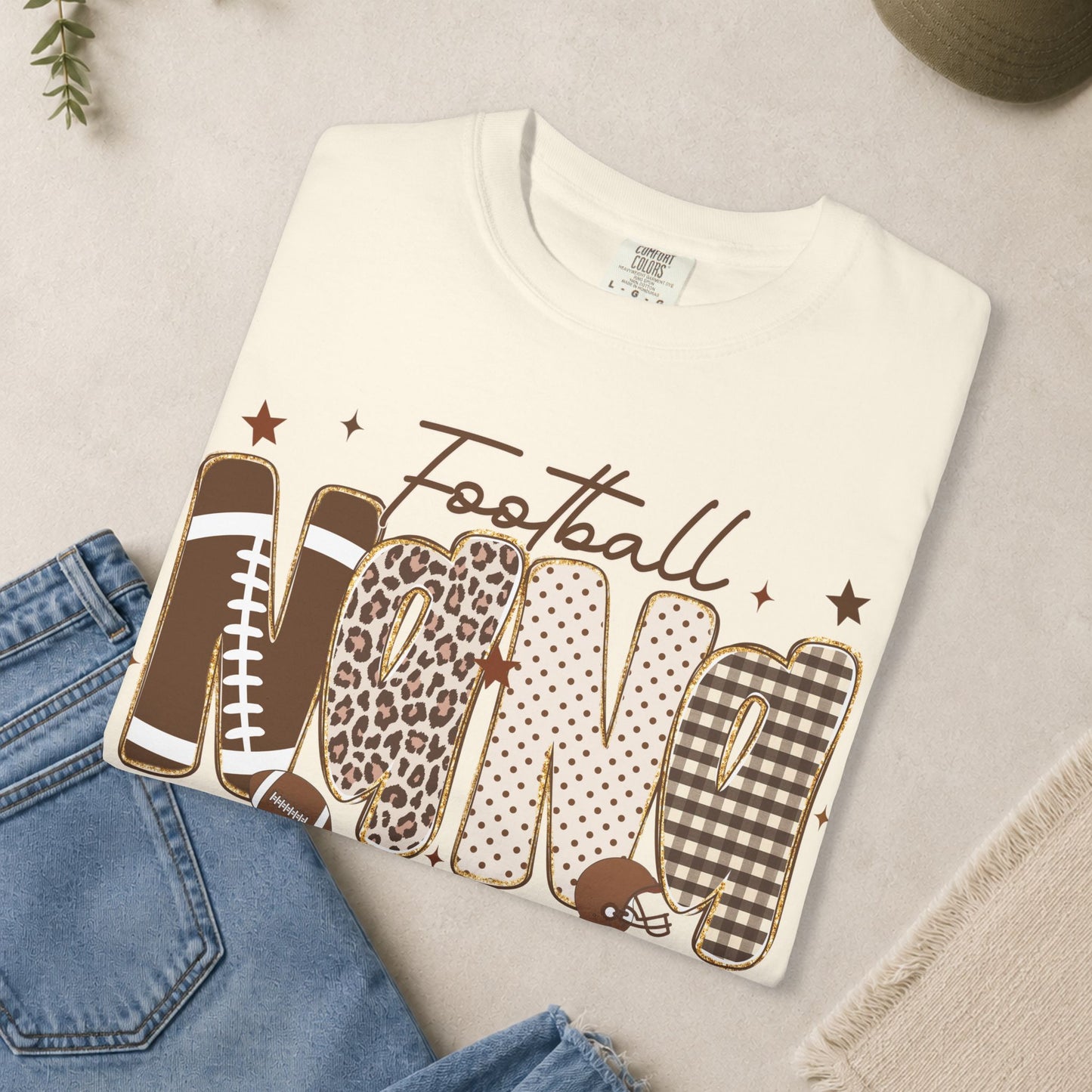 Football Nana T-shirt | Neutral Leopard Plaid Lettering