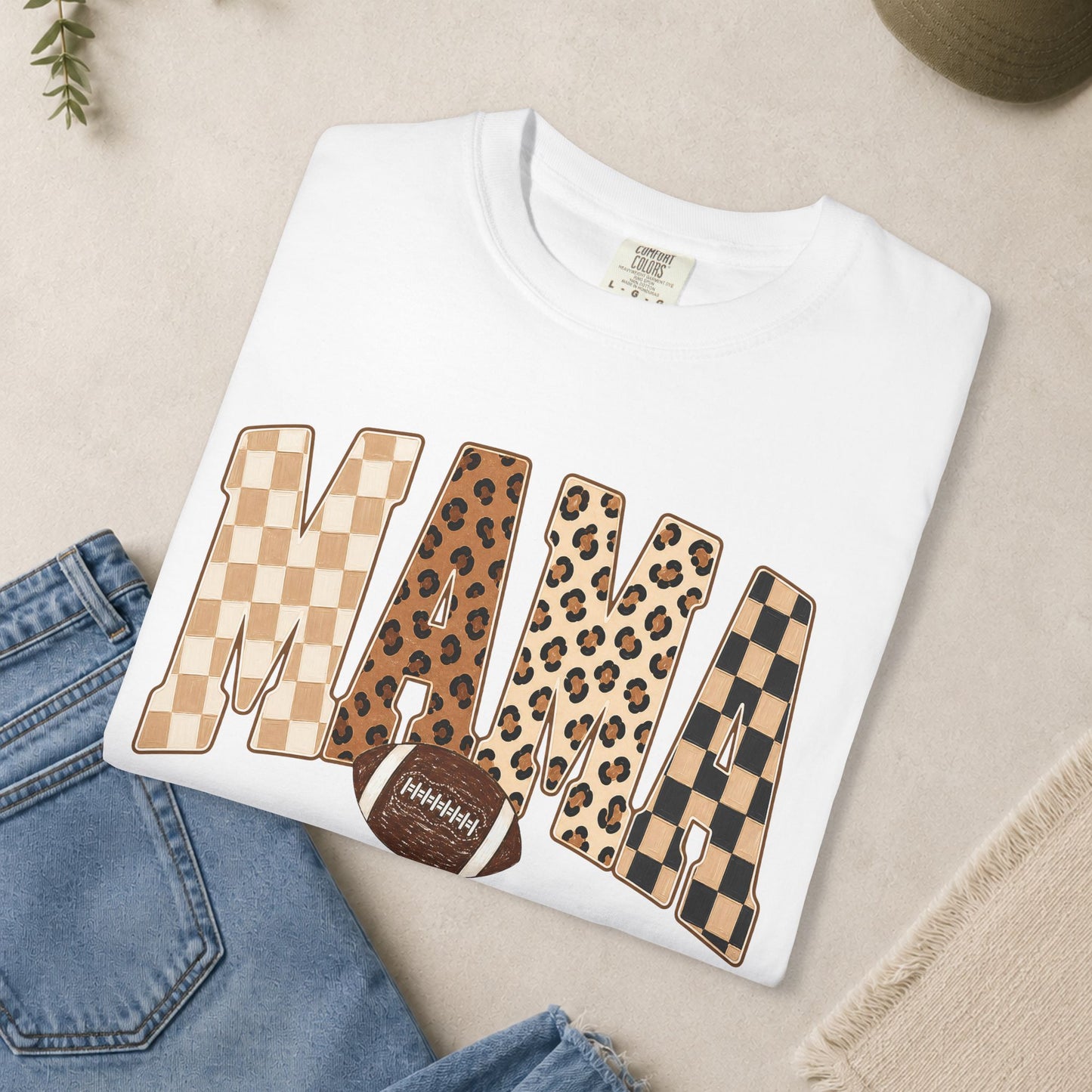 Mama lettering with leopard & gingham patterns, football graphic T-shirt