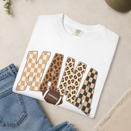 Mama lettering with leopard & gingham patterns, football graphic T-shirt