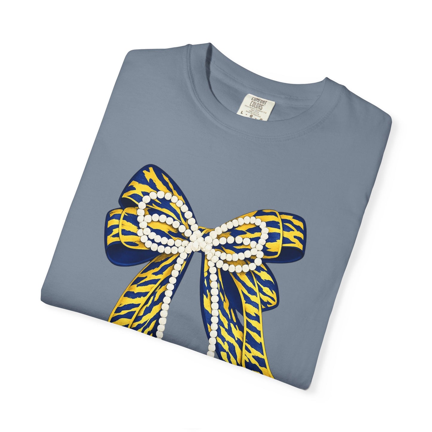 Bow Graphic T-Shirt — Yellow Navy Leopard Ribbon Design