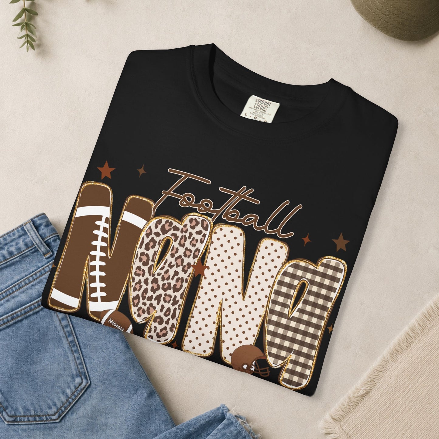 Football Nana T-shirt | Neutral Leopard Plaid Lettering