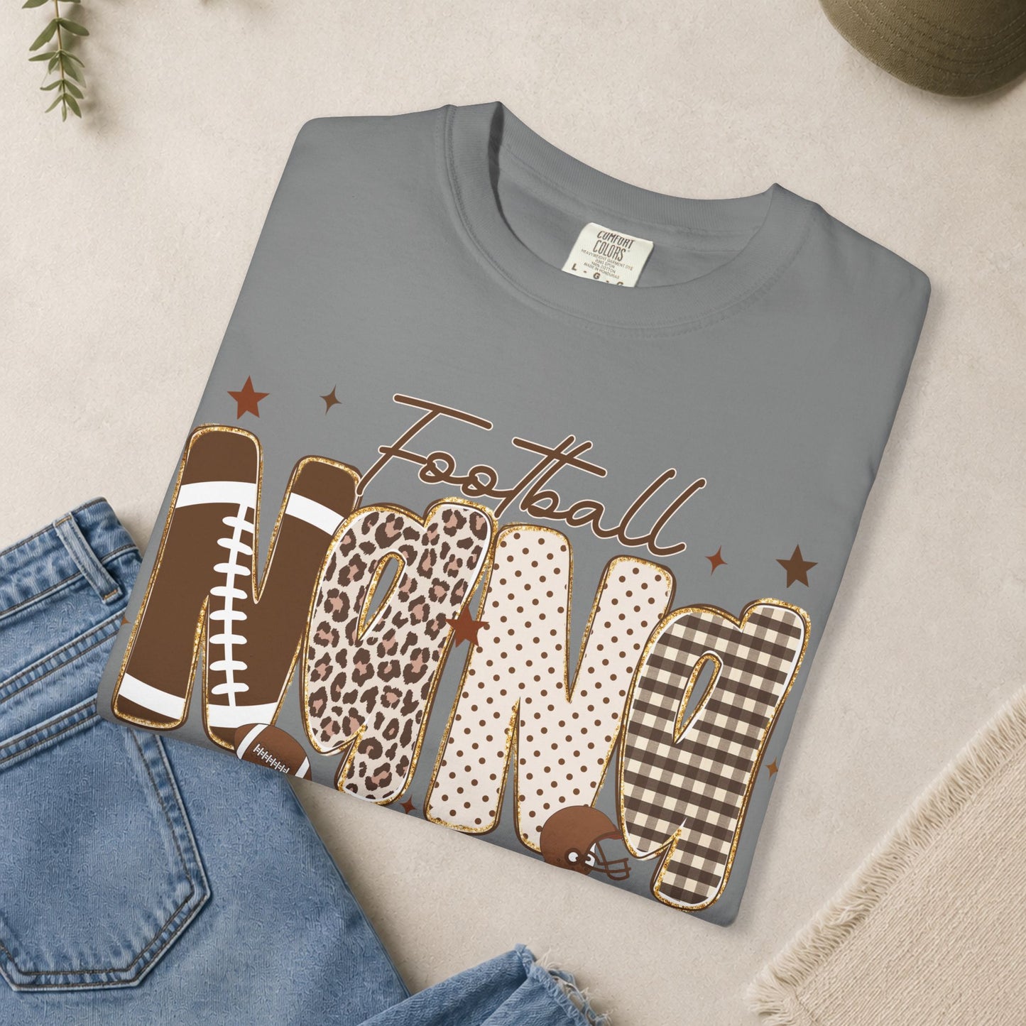 Football Nana T-shirt | Neutral Leopard Plaid Lettering