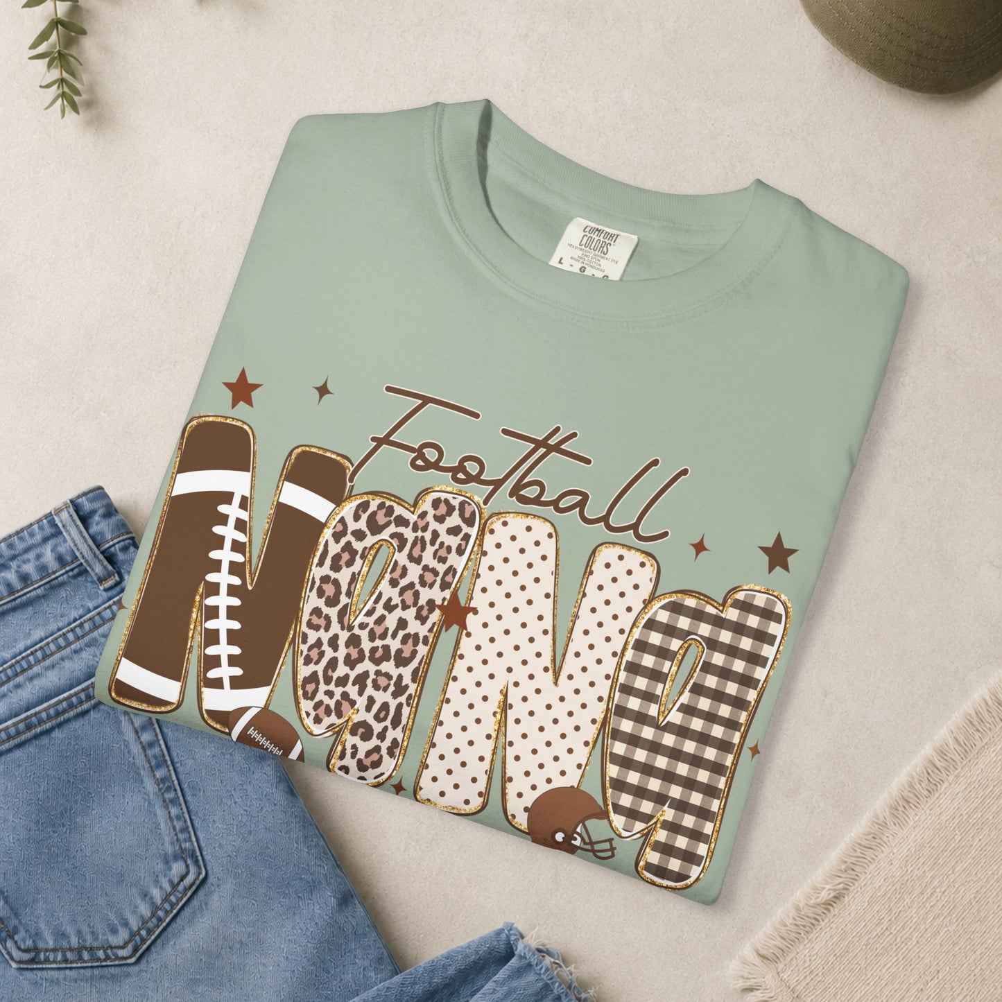 Football Nana T-shirt | Neutral Leopard Plaid Lettering