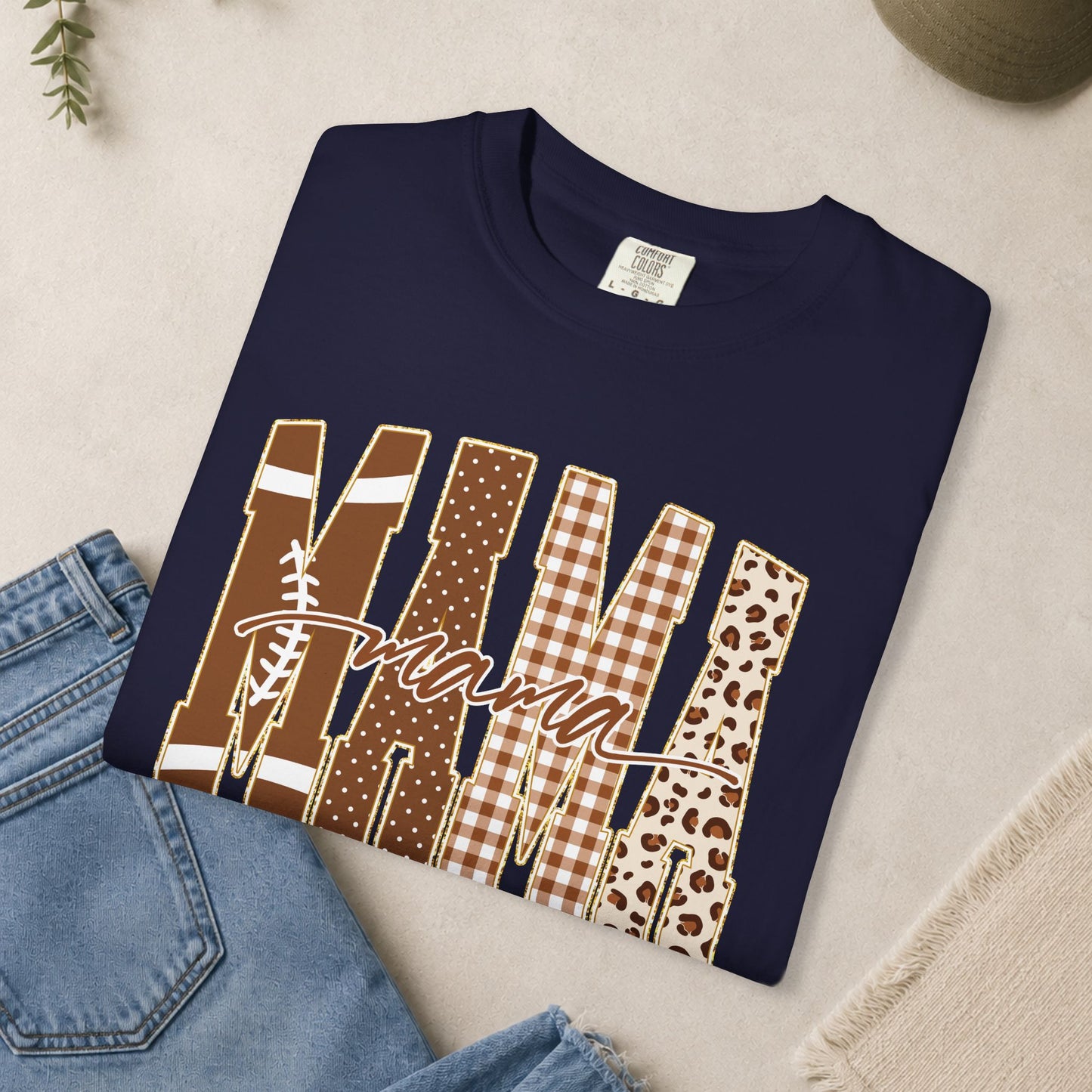 Mama Football graphic T-shirt | Brown plaid leopard print