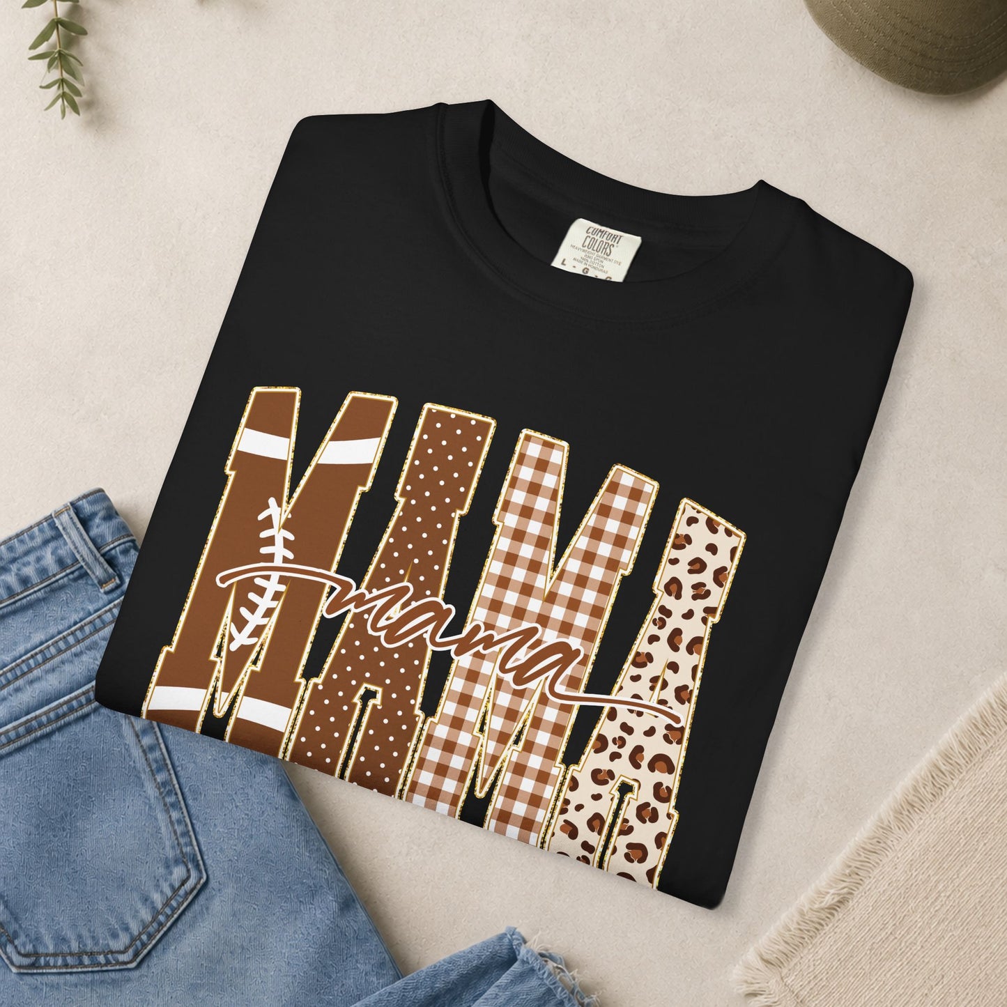 Mama Football graphic T-shirt | Brown plaid leopard print