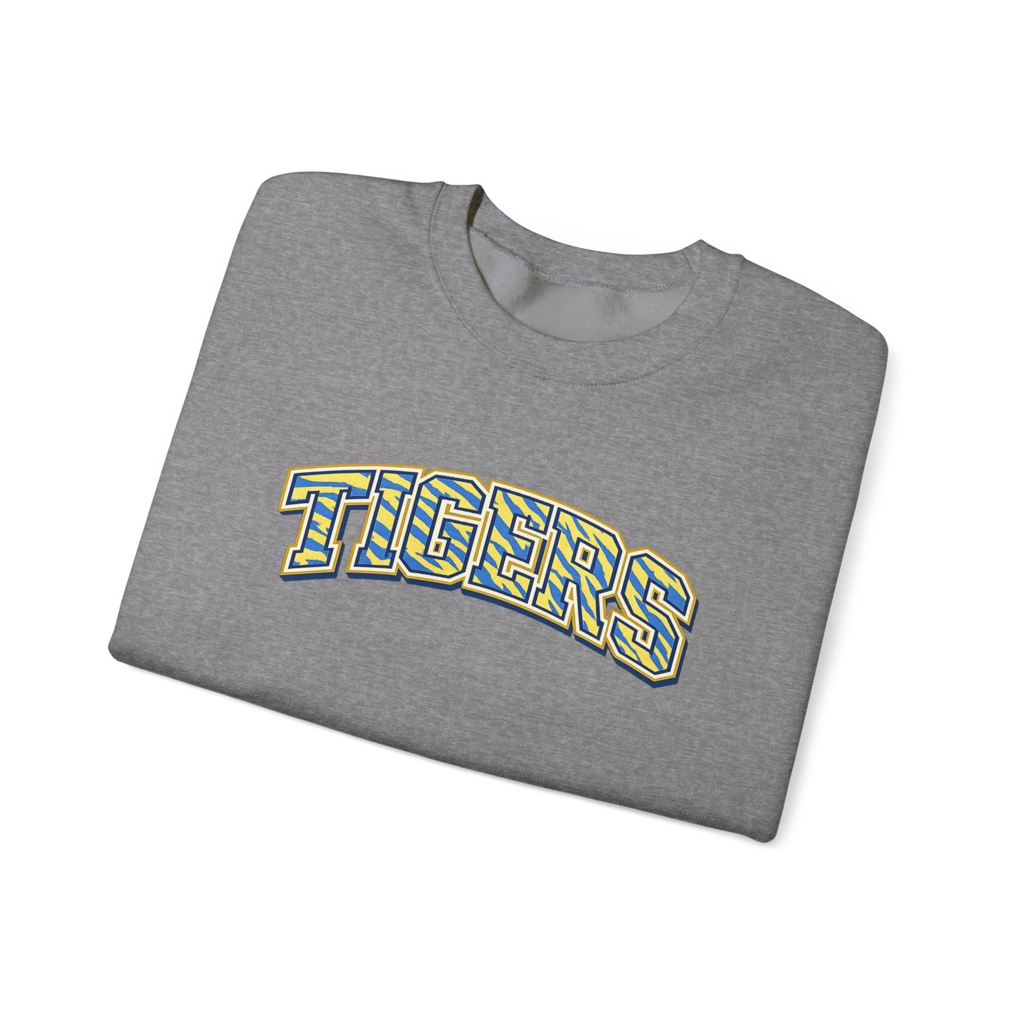 Tigers Crewneck Sweatshirt — Retro Yellow & Teal Block Letter Sports Pullover