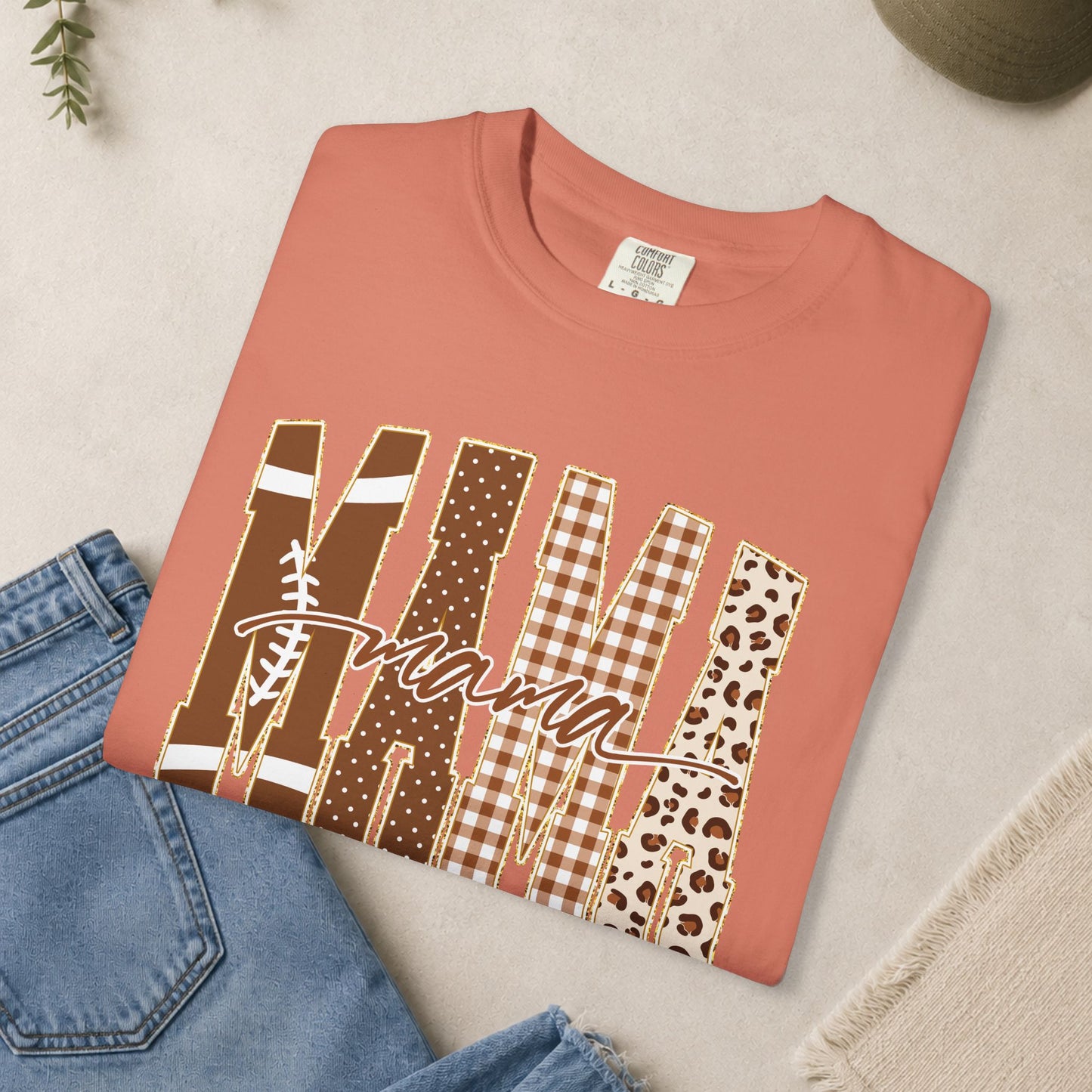Mama Football graphic T-shirt | Brown plaid leopard print