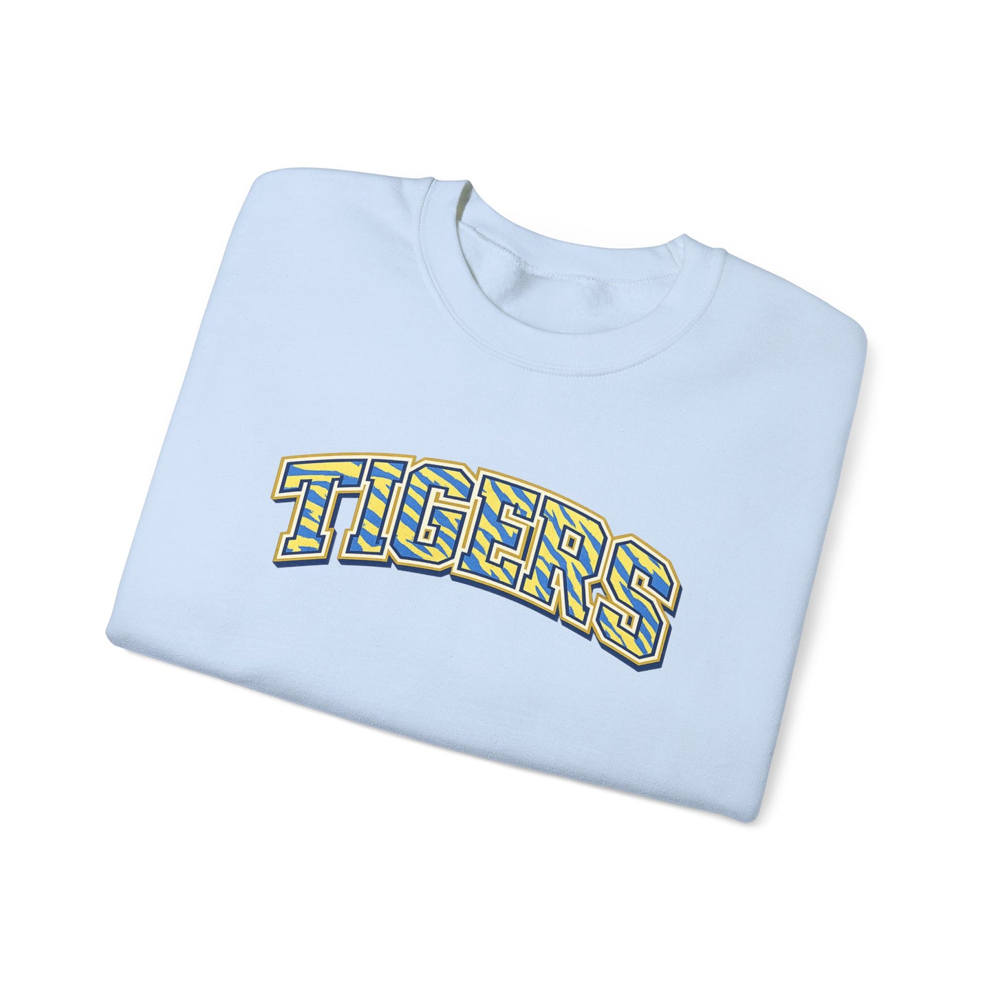 Tigers Crewneck Sweatshirt — Retro Yellow & Teal Block Letter Sports Pullover