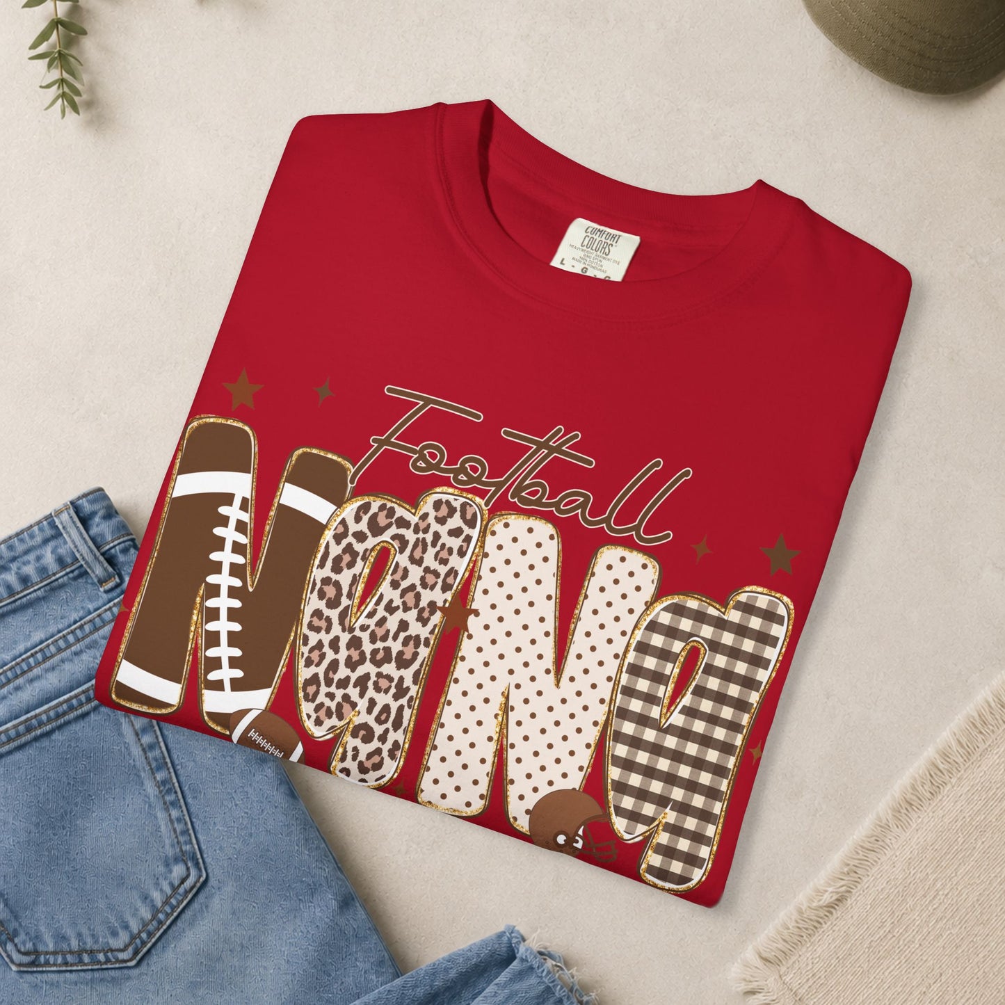 Football Nana T-shirt | Neutral Leopard Plaid Lettering