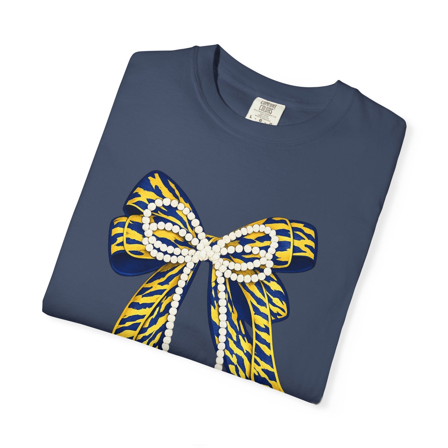 Bow Graphic T-Shirt — Yellow Navy Leopard Ribbon Design